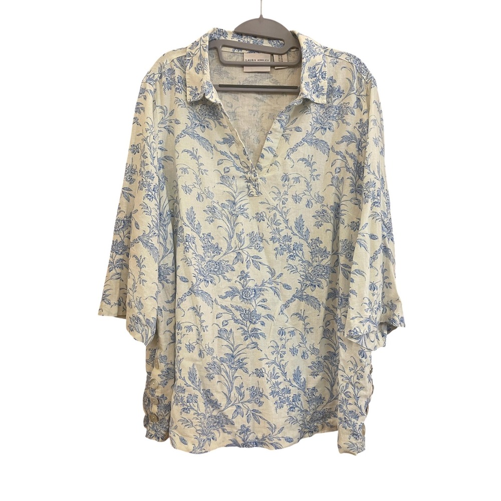 Laura Ashley Blue Botanical Linen Blend Tunic 1X Cottagecore Vintage Inspired - Picture 2 of 11